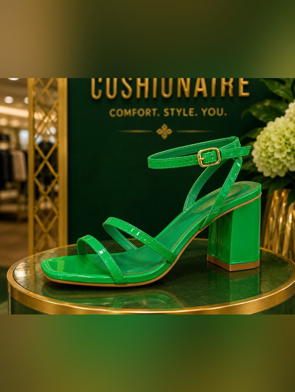 Cushionaire Green Patent Strappy Block Heel Sandal with Ankle Strap